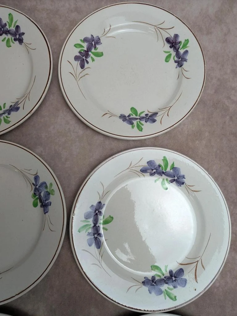 Lot de 9 pratos antigos de terra de fer – Opaque de Bordeaux – decoração floral pintada à mão – photo 6